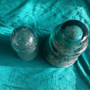 Vintage Glass Insulator Set - Teal and two collector bottles